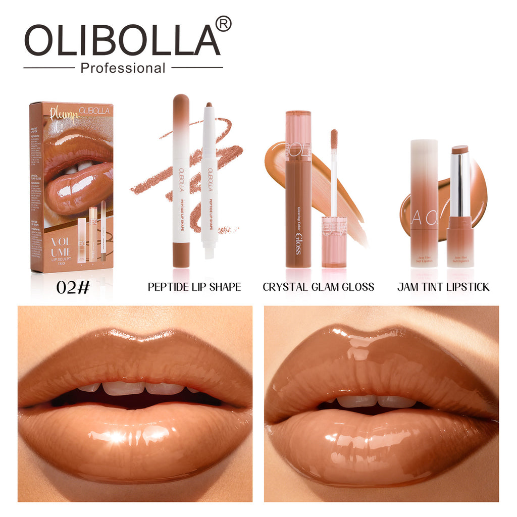 OLIBOLLA Waterproof Makeup Set: Glossy Lip Glaze + Matte Lip Liner + Lipstick