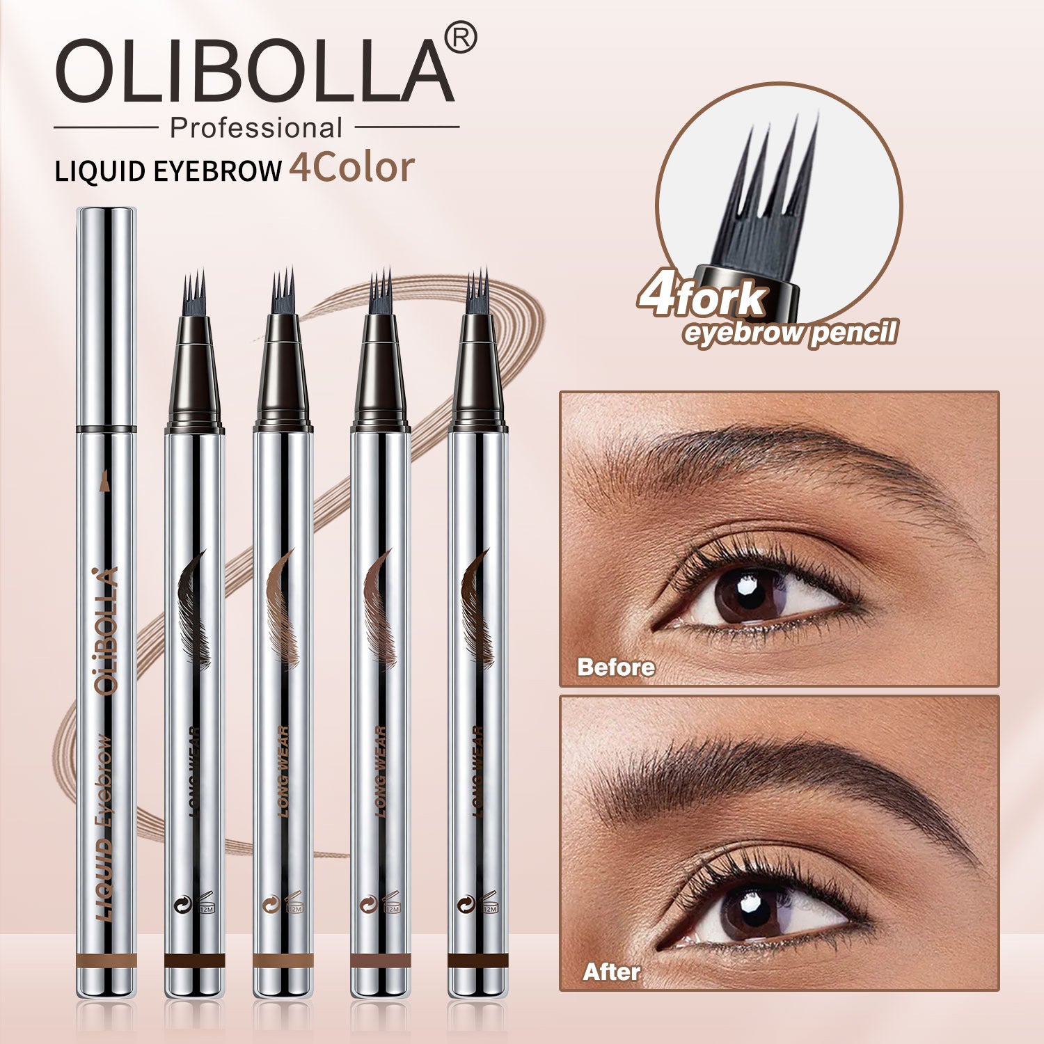 OLIBOLLA Four-Fork Liquid Eyebrow Pencil, Long-Lasting, Smudge-Proof, Waterproof & Sweat-Proof Brow Gel