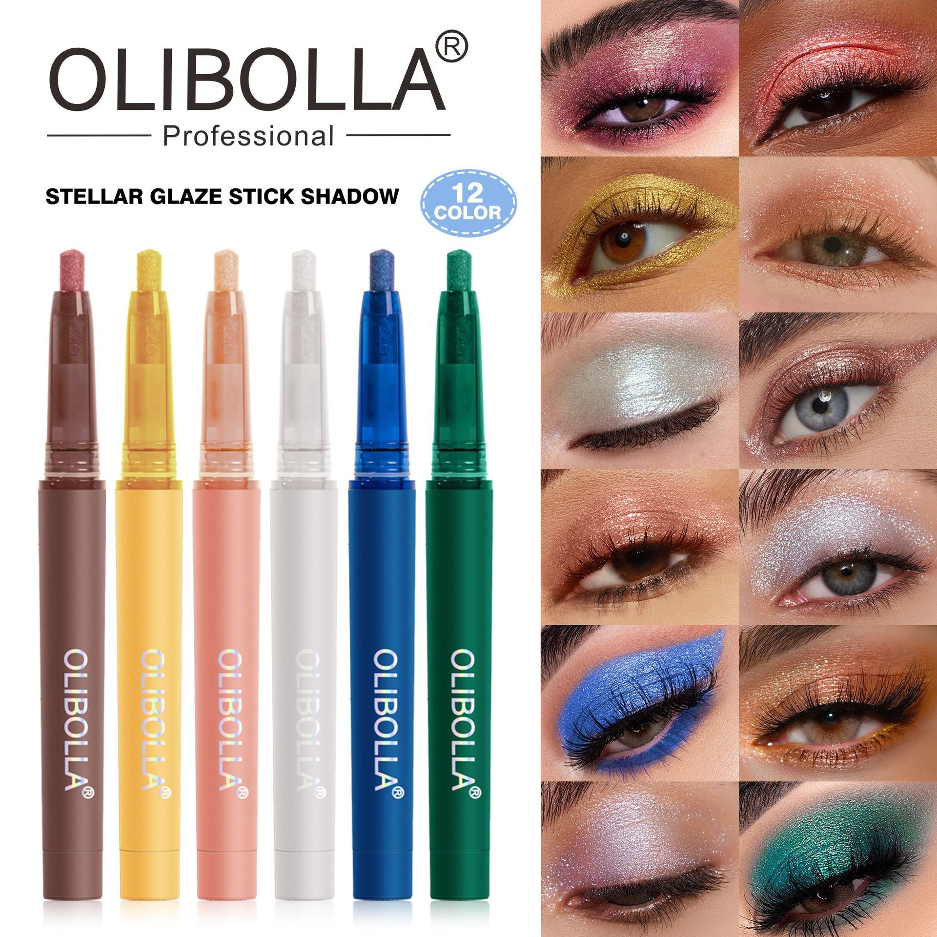 OLIBOLLA 12 Colors Highlight Eyeshadow Pen Shimmer Jelly Eyeshadow Stick