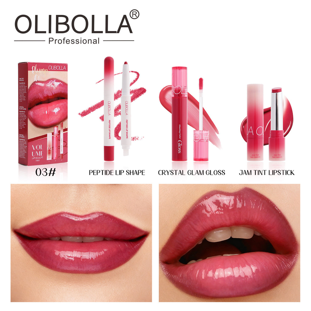 OLIBOLLA Waterproof Makeup Set: Glossy Lip Glaze + Matte Lip Liner + Lipstick