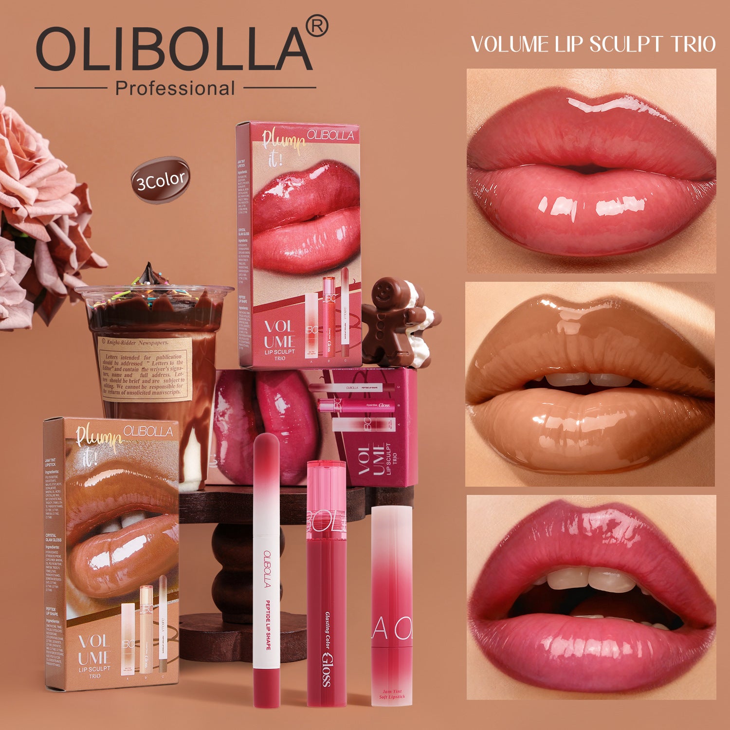 Lip Makeup Set: Lip Liner + Hydrating Lip Glaze + Mirror Lipstick, 3 Pieces