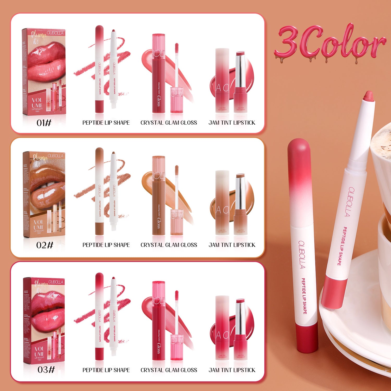 OLIBOLLA Waterproof Makeup Set: Glossy Lip Glaze + Matte Lip Liner + Lipstick